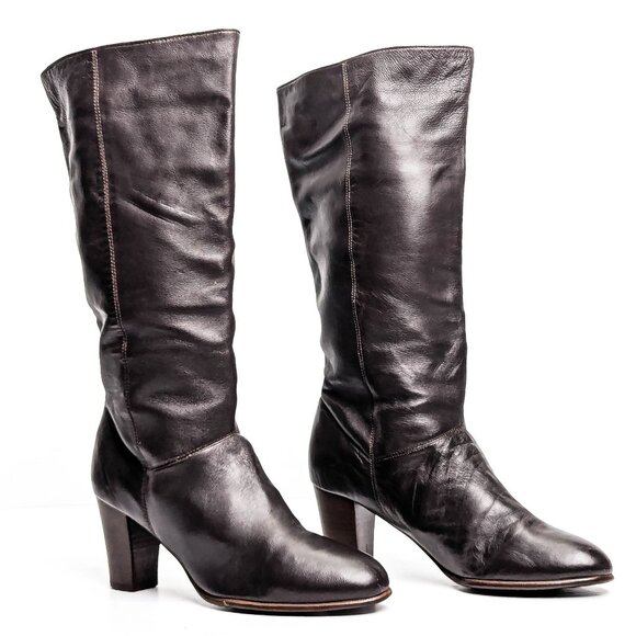 Nine West Teardrop Dark Brown Leather Vintage 90s Slip-on Tall Boots sz 9 - Picture 1 of 8